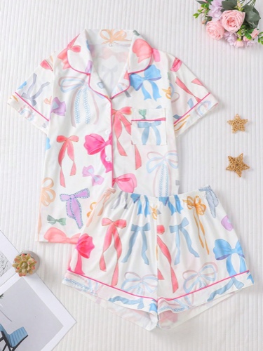 2pcs/Set Cute Romantic Bow Print Women Pajama Set, Short Sleeve Cardigan Top And Elastic Waist Shorts, Casual Loungewear For All Seasons