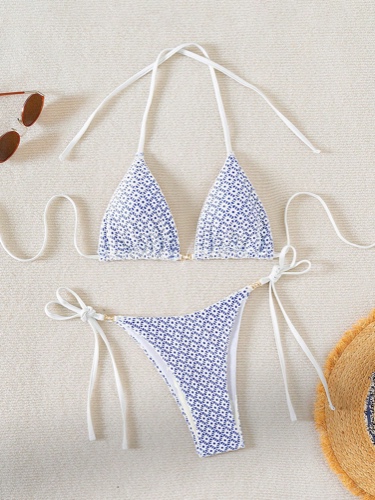 SHEIN Swim Mod Women's Allover Print Halter Neck Tie Sexy Bikini Set For Holiday Beach Swimming,Summer Beach