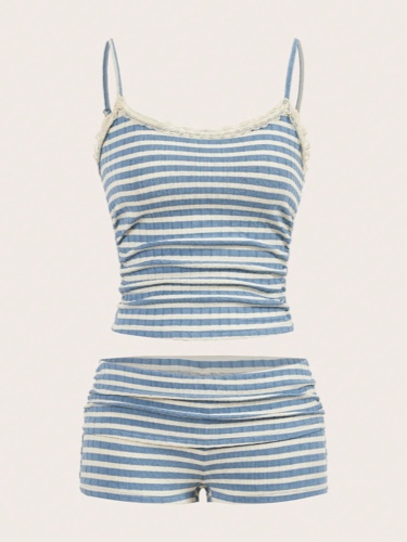 SHEIN EZwear Summer Casual Striped Suspender Shorts Set