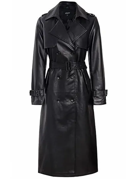 SS7 Womens Faux Leather Maxi Trench Coat PU - S - Black
