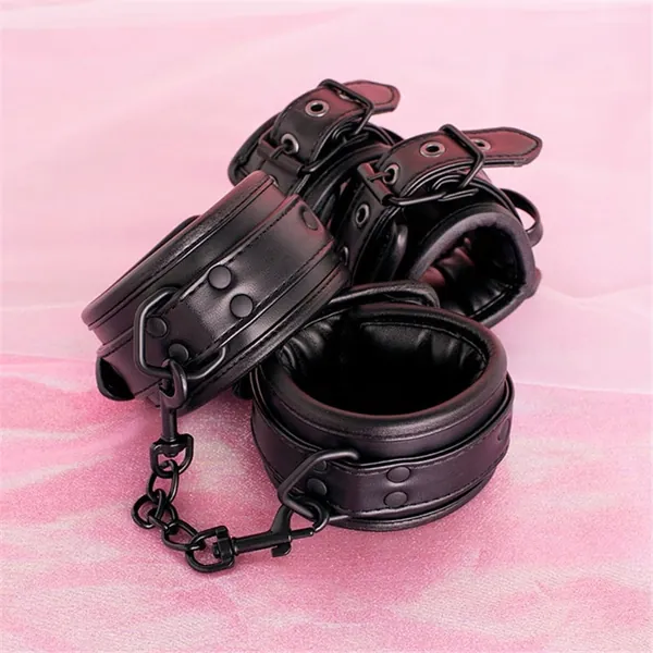 Leather Black Leash and Wrist Restraint Set