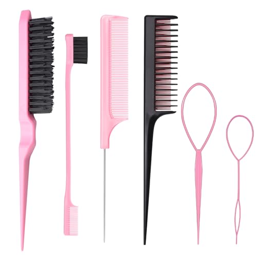 6 Pcs Hair Styling Comb Kit, Teasing Comb Brush Set Includes Fluffy Hair Brush, Double Sided Edge Control Brush, Triple Teasing Comb, Fine Metal Rat Tail Comb for Women Professional Barber (Pink) - Pink