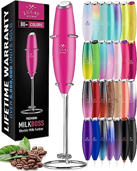 Zulay Powerful Milk Frother Handheld Foam Maker for Lattes - Whisk Drink Mixer for Coffee, Mini Foamer for Cappuccino, Frappe, Matcha, Hot Chocolate by Milk Boss (Hot Pink)