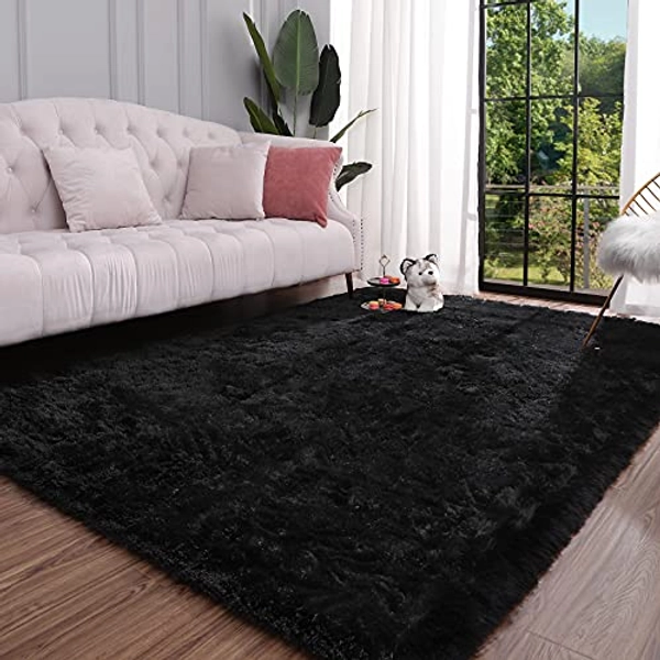 Keeko Premium Fluffy Black Area Rug Cute Shag Carpet, Extra Soft and Shaggy Carpets, High Pile, Indoor Fuzzy Rugs for Bedroom Girls Kids Living Room Home, 3x5 Feet