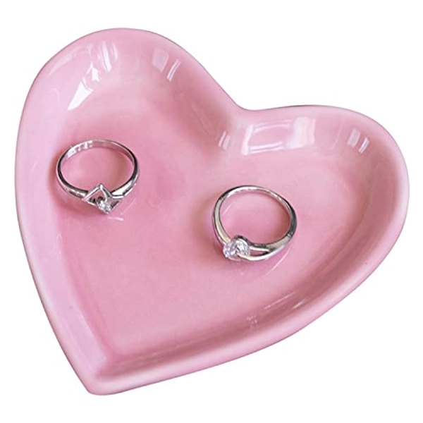 Ceramic Jewelry Tray Small Trinket Dish for Rings Earrings and Necklace, Pink Heart Shaped Decorative Tray for Home Decor, Food Safe Desert Dish,,9 x 9.2 x 1.5 cm