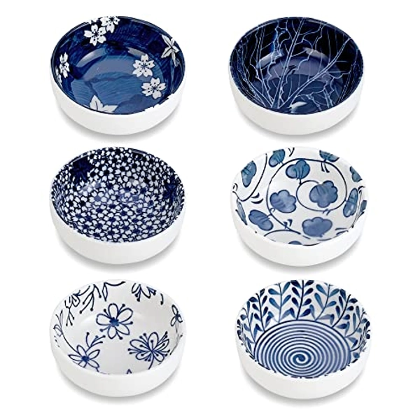 Swuut Japanese Style Ceramic Dipping Bowls,3 Inch Side Dishes Sauce Dishes for Sushi,Sauce,Snack and Soy,3 Oz Blue and White Pinch Bowls for Kitchen Prep - Set of 6(3 inch)