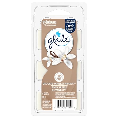 Glade Wax Melts Air Freshener and Odor Eliminator, Scented Essential Oils for Home and Bathroom, Delicate Vanilla Embrace, 6 Count - Vanilla - 66 g (Pack of 1)