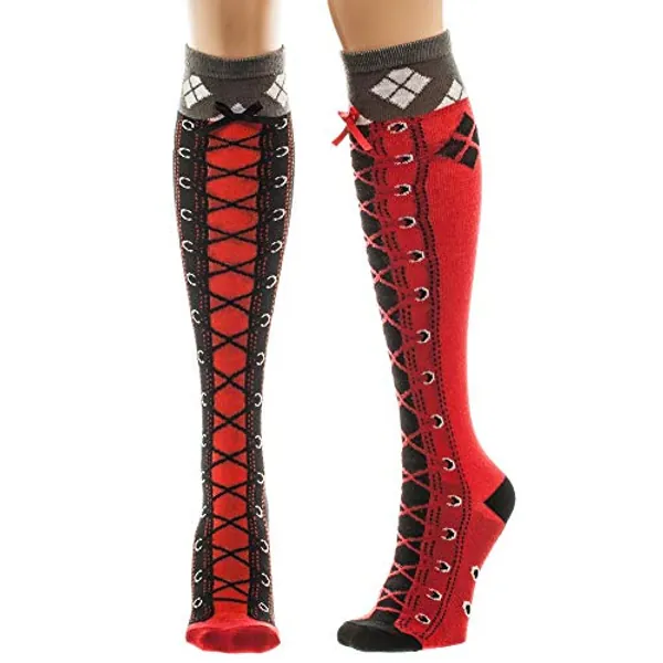 DC Comics Harley Quinn Faux Lace Up Knee High Boot Socks with Cuff Multi color sock size(9-11)