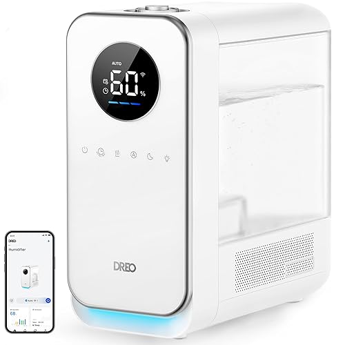 Dreo Humidifiers for Bedroom, Top-filled Smart Quiet Cool Mist Humidifier for Large Room, 50 Hours Runtime for Home, Indoor Plants, Oil Diffuser & Nightlight for Baby Nusery, 5L, with Alexa/Google - White