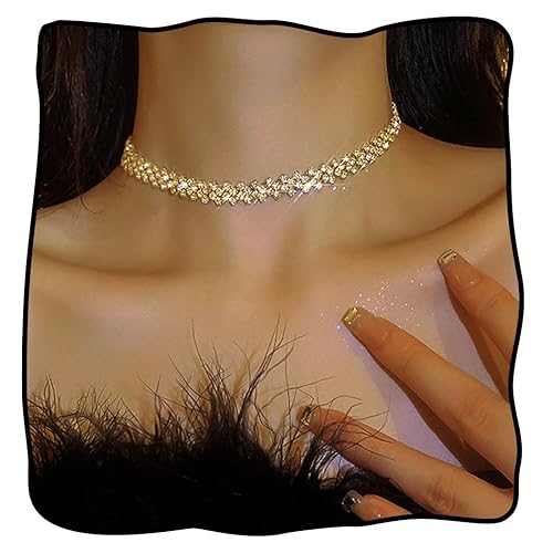 JEAIRTS Choker Rhinestone Necklace Diamond Row Necklaces Crystal Chokers Chain Jewelry Sparkly Party Prom Accessories for Women - 1-Gold