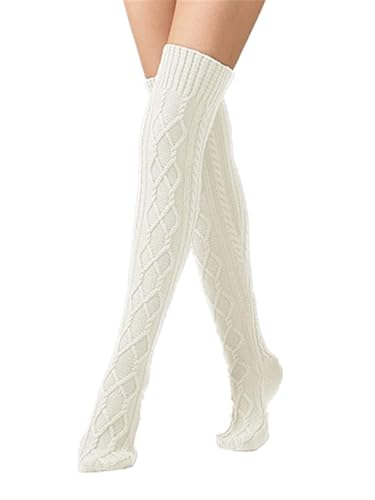 Leoparts Women's Cable Knitted Thigh High Boot Socks Extra Long Winter Stockings Over Knee Leg Warmers - White-352 - One Size