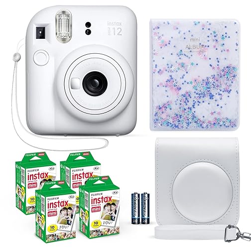 Fujifilm Instax Mini 12 Instant Camera Clay White + Fuji Film Value Pack (40 Sheets) + Shutter Accessories Bundle, Incl. Compatible Carrying Case, Quicksand Beads Photo Album 64 Pockets - Clay White