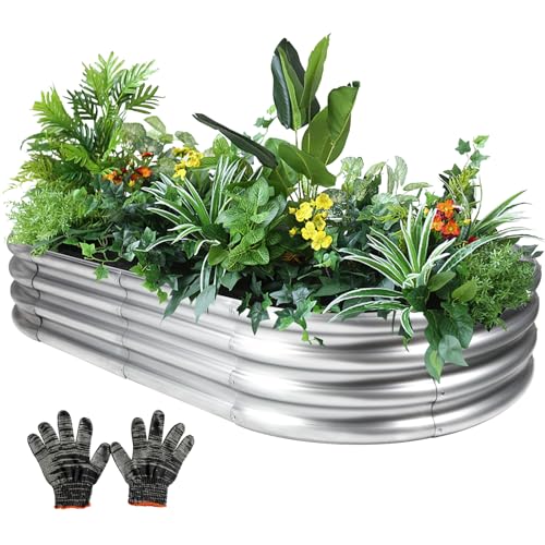 Gartist Raised Garden Beds, Tools Free Assembly Thickening Raised Garden Bed with Gloves, 8 x 4 x1 FT Oval Larger Space Galvanized Raised Garden Bed Outdoor for Herbs, Vegetables, Fruits - Silver - 8x4x1