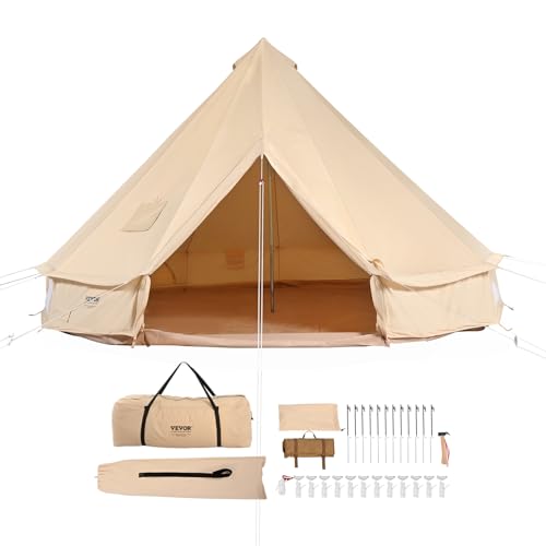 VEVOR Canvas Bell Tent, 4 Seasons Yurt Tent, Canvas Tent for Camping with Stove Jack, Breathable Tent Holds up to 4-10 People, Family Camping Outdoor Hunting Party - Beige - 5m/16.4ft