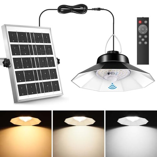 ONELEJA Solar Shed Lights Indoor Outdoor, Motion Sensor Solar Pendant Light with Remote Control,Upgraded 5 Lighting Modes 1200LM IP65 Waterproof Dusk to Dawn Lamp for Garage Gazebo Barn(Single Lamp) - Single Lamp