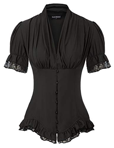 Scarlet Darkness Women Victorian Short Sleeve Shirt Dressy Peplum Blouse Lace Up Top - Black - Medium