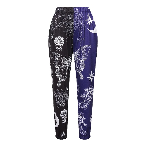 Amuver Women's Boho Hippie Harem Pants High Smocked Waist Printed Patchwork Sweatpants Yoga 90S Goth Baggy Casual Trousers - Blue Black Large