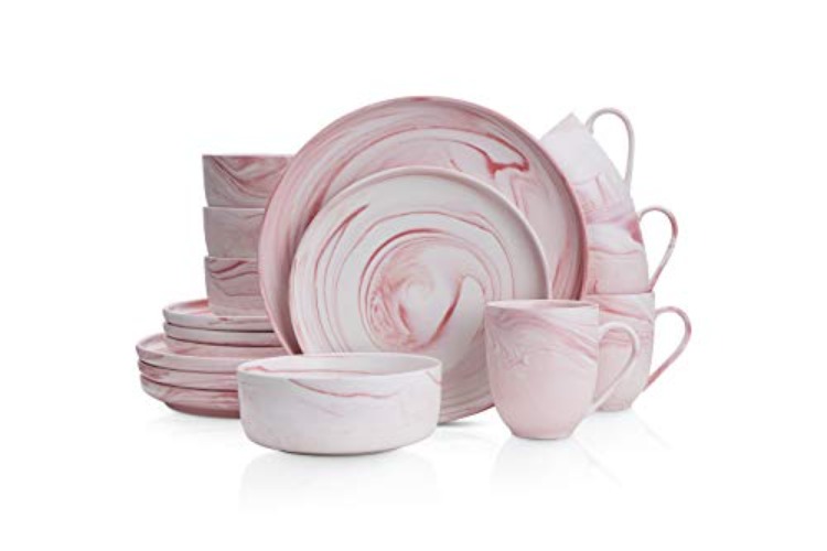 Stone Lain Brighton 16-Piece Dinnerware Set Porcelain, Pink - 16 Piece Service for 4 - Matte Pink
