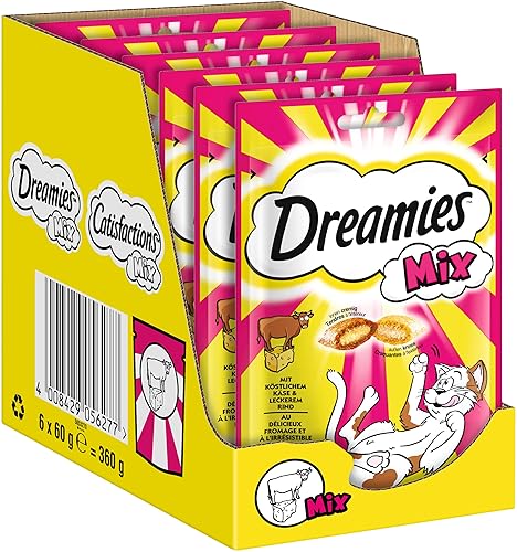 Dreamies Mix Katzensnacks mit Rind & Käse – Außen knusprig & innen cremig – 6 x 60g - Rind & Käse - 360 g (1er Pack)