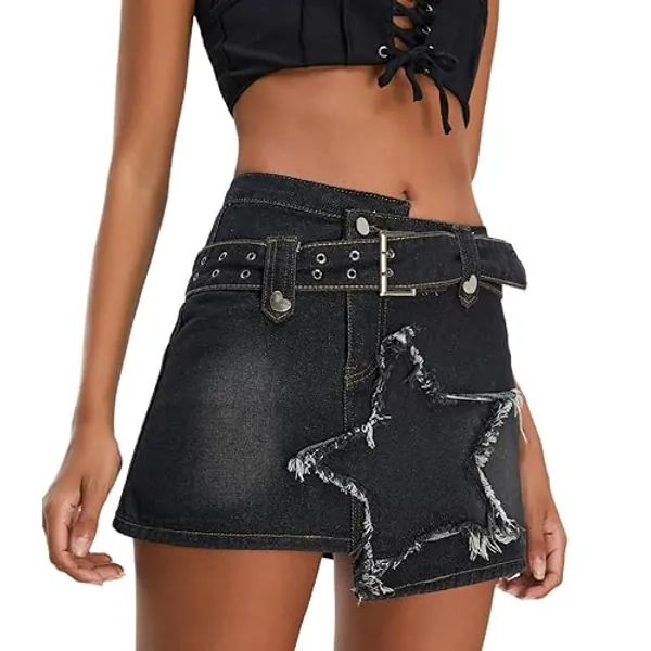 Kisidoo Women's Denim Skirt Vintage Star Patchwork Party Club Jean Skirt Casual Y2k Mini Skirt Skorts Skirts for Women