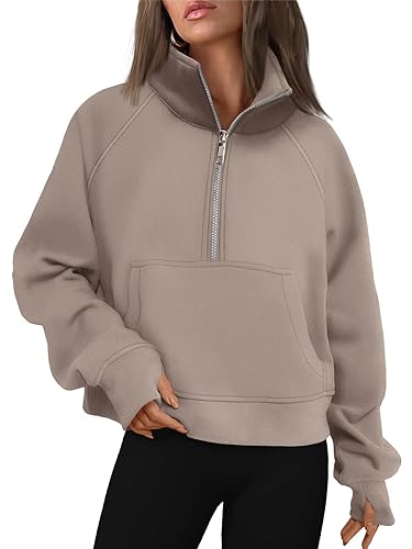 AUTOMET Sudaderas con Capucha para Mujer, Media Cremallera, de Forro Polar, con Cremallera de un Cuarto, Ropa de otoño con Agujero para el Pulgar - M - Café Gris.