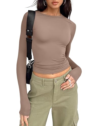 Trendy Queen Camisetas básicas de manga larga para mujer, ajustadas, lindas, para adolescentes, niñas, otoño e invierno - M - Marrón/Gris (Coffee Grey)