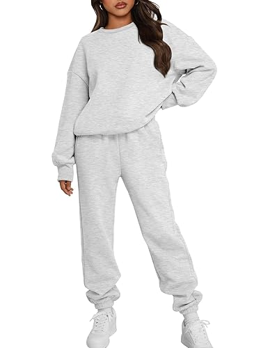 Trendy Queen Conjunto deportivo de 2 piezas para mujer, conjunto de sudadera de dos piezas con cuello redondo, pantalones deportivos para otoño 2024 - Gris - M