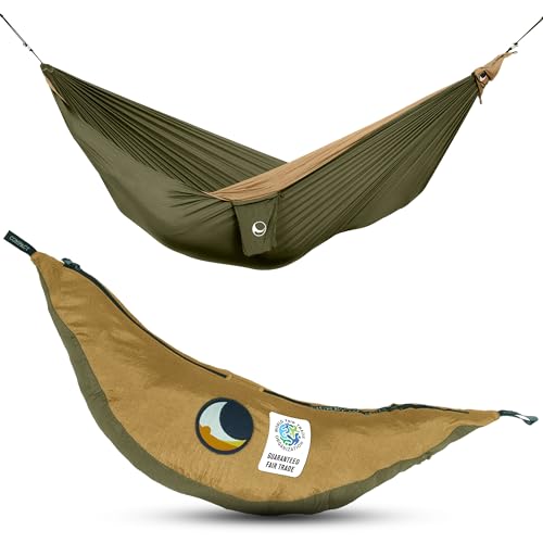 Ticket To The Moon Hamaca Original Liviana, 1-2 Personas, Comercio Justo y Hecho a Mano, Verde Militar/MARRÓN, para Viajes, Camping y Uso Cotidiano, XL 3.2 * 2m, 600g, Seda de paracaídas - Verde Militar/Marrón - Estándar