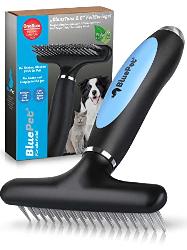 BluePet® Peine desenredante para Perros, gatos y Caballos de Pelo Largo | Cepillo para Perros y gatos Que Elimina los Nudos, el subpelo y los enredos | Masaje Agradable para su Mascota - 2.0 Azul