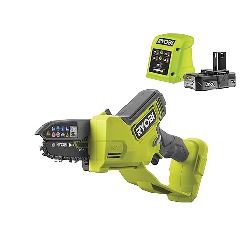 RYOBI - Motosierra de Mano Brushless 18V ONE+ - Barra 10 cm - Herramienta Compacta de Poda de Ramas - Tensor de Cadena sin Herramientas - Ambidiestro - Batería 2,0 Ah y Cargador 1,5 A - RY18PSX10A-120