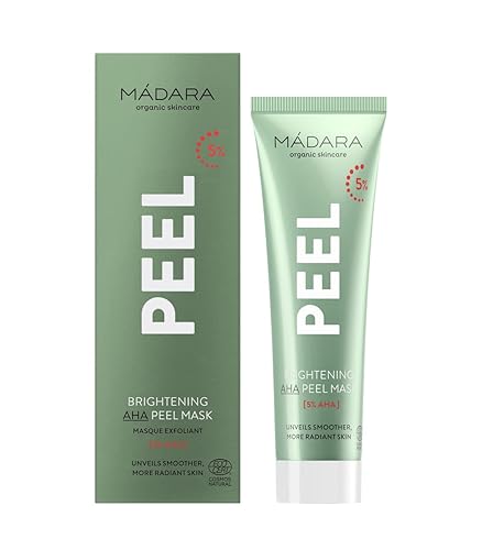MÁDARA Brightening AHA Peel Mask, 60ml. Mascarilla exfoliante con ácidos de frutas AHA, vitamina C y ácido láctico. Exfoliante facial para brillo y luminosidad, certificado Ecocert