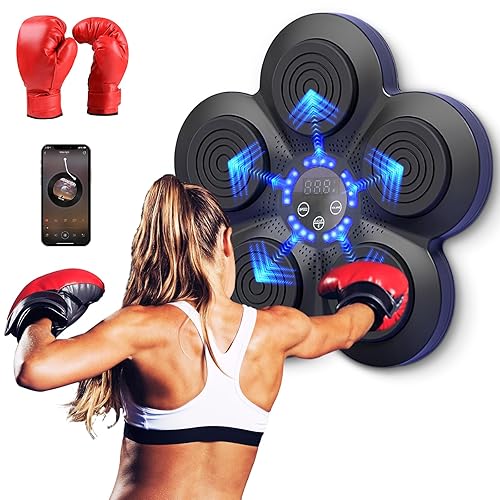 Warmfunn Boxeo Musical, Dispositivo de Boxeo Electrónico Portátil de Pared en Casa, Smart Bluetooth Music Boxeador Electrónico, Regalo de Boxeo para Niños y Adultos - Negro+luz azul+guantes adultos