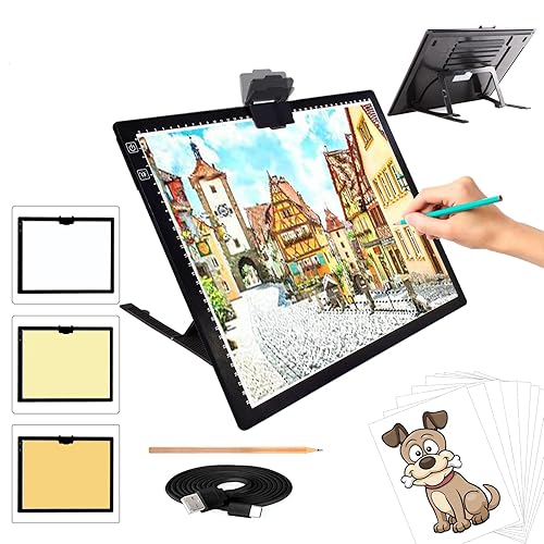 TOHETO A3 Recargable Mesa de Luz Para Calcar con Soporte Plegable, Mesa de Luz Dibujo Tableta de Luz,LED Tableta de Luz Dibujo de Dibujo con Brillo Ajustable para Bocetos Diseño Diamante Pintura - A3 (Recargable, Negro)