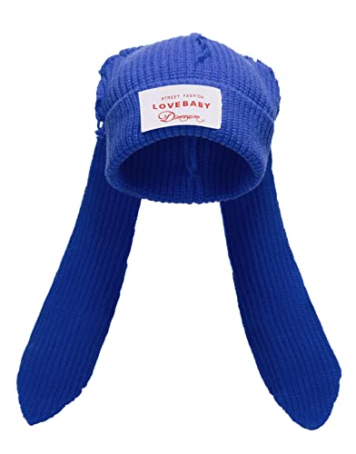 Knit Beanie Hats Cute Bunny Long Ears Funny Hat Fluffy Winter Cap Warm Knit Rabbit Crochet Skull Cap Outdoor Slouchy Hat - One Size - Blue