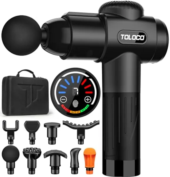 TOLOCO Massage Gun Deep Tissue, Back Massage Gun for Athletes for Pain Relief, Percussion Massager with 10 Massages Heads & Silent Brushless Motor, Relax Gift for Mothers Day and Fathers Gifts, Black