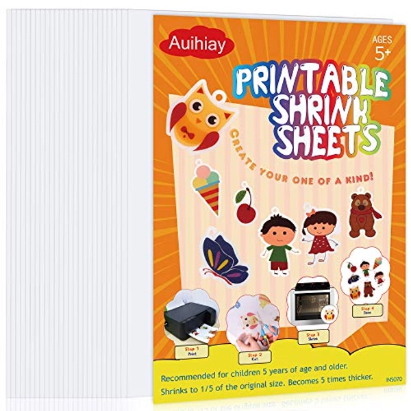 Auihiay 25 Sheets White Printable Shrink Plastic Sheets, Shrink Films Papers for Inkjet Printer Kids DIY Art and Mothers Day Gifts Craft Activity, 8.3 x 11.6 inch / 21 x 29.5 cm