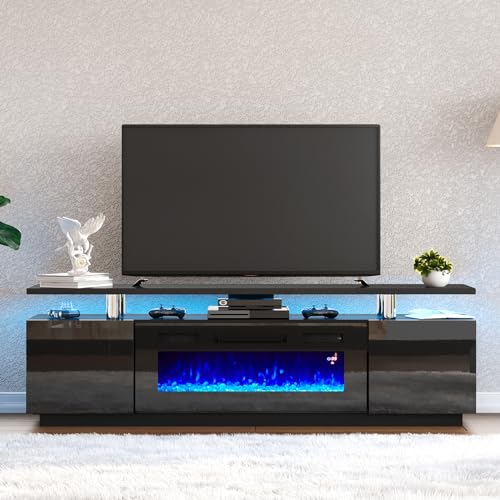 AMERLIFE Fireplace TV Stand with 36" Fireplace, 70" Modern High Gloss Fireplace Entertainment Center LED Lights, 2 Tier TV Console Cabinet for TVs Up to 80", Obsidian Black - 70" - Black