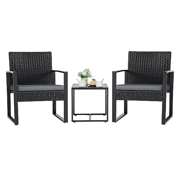 Flamaker 3 Pieces Patio Set Outdoor Wicker Furniture Modern Bistro Rattan Chair Conversation Sets with Coffee Table for Yard (Grey)