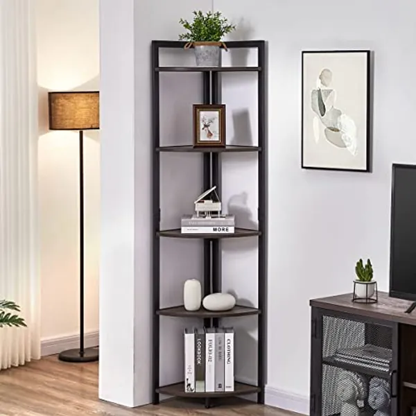 FATORRI Rustic Tall Corner Bookshelf, 5 Tier Industrial Corner Shelf Stand, Dark Wood and Metal Corner Plant Bookcase (Walnut Brown)