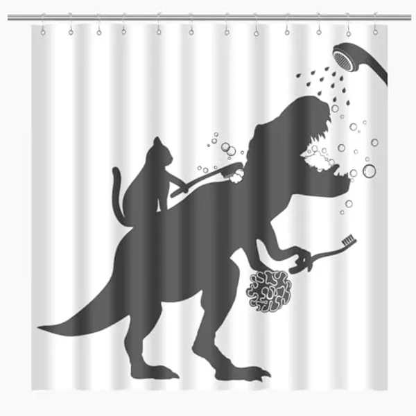 BIYSUC Cat Dinosaur Shower Curtain Funny Cat Help Dino Bathe for Kids Boys Trex Silhouette Shadow Black White Bathroom Waterproof Polyester Fabric 60Wx72L Inch with Hooks