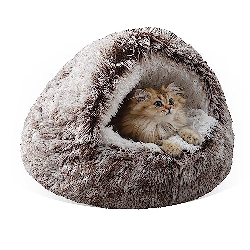 Cat Bed Round Plush Fluffy Hooded Calming Cat Bed Cave for Dogs&Cats,Self Warming pet Bed with non-collapsed Cover for Indoor Cats or Small Dogs,Washable,Anti-Slip Waterproof Bottom,20",Gradual coffee - 20"L x 20"W x 14"Th - Gradual coffee