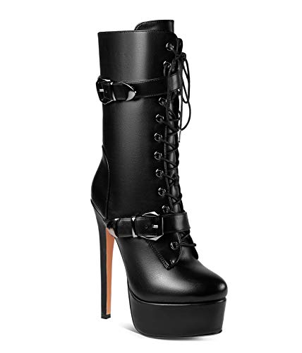 ANN CREEK 'Batian' Ultra High Stiletto Heels Platform Lace Up Boots - 8 - Black