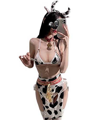 SINROYEE Womens Anime Cow Cosplay Bikini Bra and Panty Set Japanese Kawaii maid lingerie (cow outfit 3)