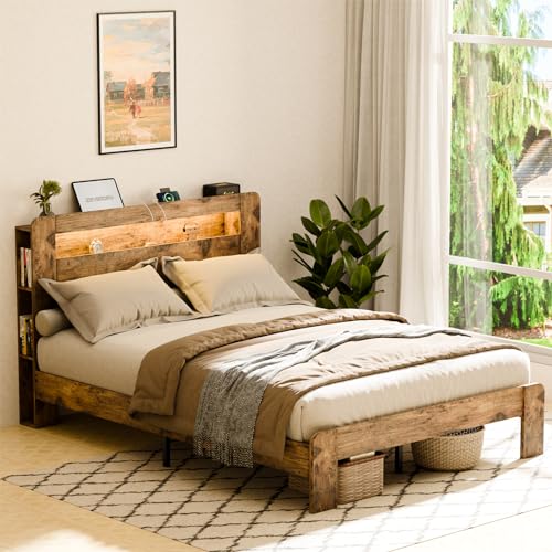 Zevemomo Full Size Bed Frame with LED Lights, Full Bed Frame with Headboard, Charging Station with 2 USB Ports & 2 AC Outlets, Sturdy Wood Framework, Noise-Free, Rustic Brown (Rectangular Slot) - Rectangular Slot - Full - Dark Brown