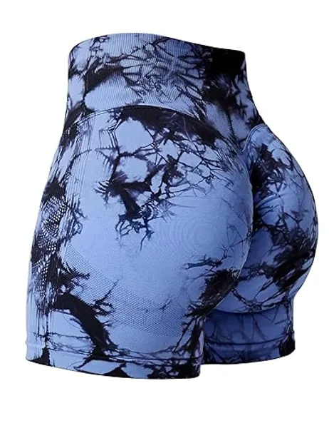 YEOREO Professional Women Workout Shorts 3.6" Scrunch Shorts Seamless High Waisted Contour Gym Yoga Biker Shorts - Medium - Dark Blue Tie Dye