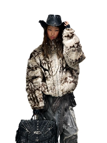 Personsoul Snake Print Faux Fur Jacket | WHITE / L