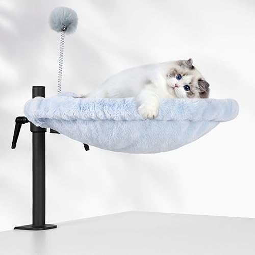 Odoland Cat Bed for Desk, 360° Rotatable Adjustable Cat Hammock Bed, Comfortable Soft Cat Desk Nest with 2 Washable Fabrics for All Seasons (Grey)