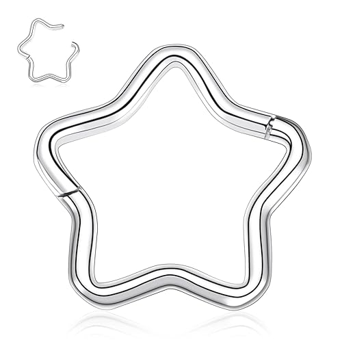 hengkaixuan Daith Earring Surgical Steel Septum Jewellery 16G Septun Rings Star Septum Clicker Ring Moon Nose Hoop Ring Rook Earrings Conch Piercing Tragus Cartilage Helix Hoop Earring - Style2:Silver,Star Shape - 16G-10mm