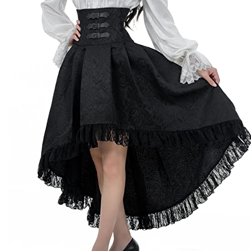 Fiamll Damen Gothic Steampunk Rock Viktorianischer Piratenrock mit hoher Taille und Rüschen - L - Schwarz