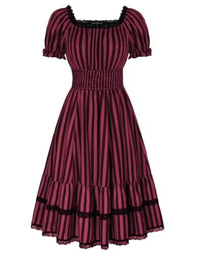 Scarlet Darkness Damen Steampunk Spitzenkleid Gesmokt Taille Rockabilly Mittelalterkleider - L - Rot Schwarz